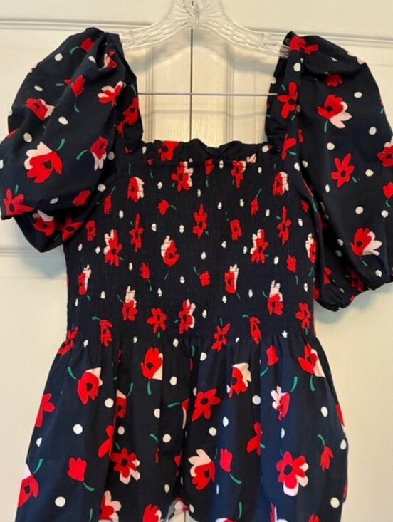 kate spade Other - kate spade Navy Red Floral Smocked Puff-Sleeve Dress